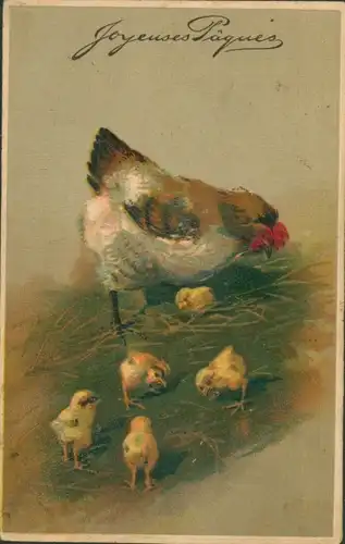 Präge Ak Glückwunsch Ostern, Henne mit Küken