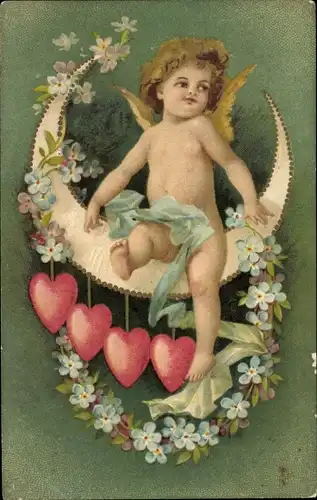 Ak Engel, Vergisseminnicht, Herzen, Mondschein