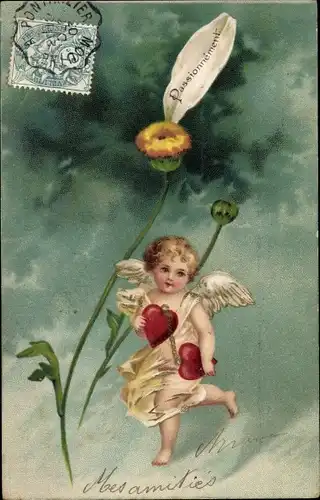 Präge Litho Engel, Herzen, Weiße Blume