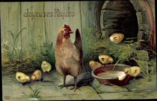 Präge Ak Glückwunsch Ostern, Küken, Henne