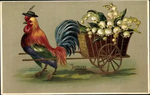 Präge Ak Glückwunsch Ostern, Hahn zieht Wagen mit Maiglöckchen