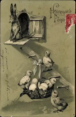 Präge Litho Glückwunsch Ostern, Küken, Hase, Hühnerstall