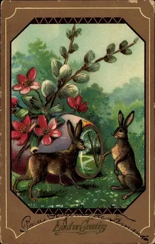 Passepartout Ak Glückwunsch Ostern, Osterhasen, Osterei, Blumen, Weidenkätzchen
