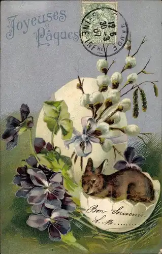 Litho Glückwunsch Ostern, Osterhase, Osterei, Veilchen, Weidenkätzchen