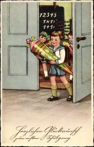 Ak Glückwunsch Einschulung, Kind mit Zuckertüte, Tafel, Mathematik