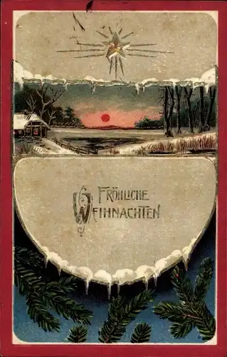 Ak Glückwunsch Weihnachten, Tannenzweige, Sonnenaufgang, Stern