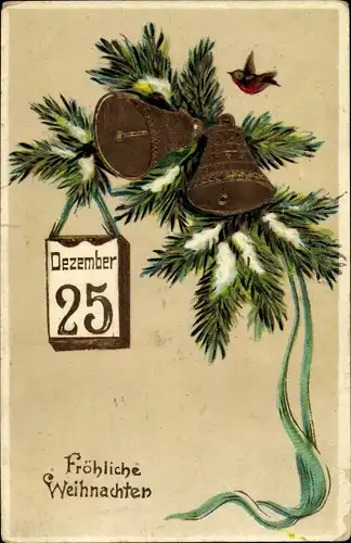 Präge Ak Glückwunsch Weihnachten, Tannenzweige, Glocken, Kalender