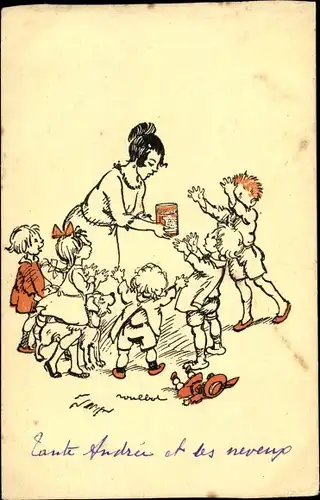Künstler Ak Frau mit Kindern, Dose, Essen, Puppe