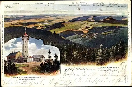 Ak Klínovec Keilberg Erzgebirge Region Karlsbad, Südwest Panorama, Kaiser Franz Josefs Aussichtsturm