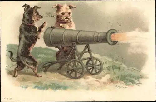 Litho Hunde schießen mit Kanone