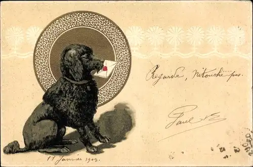 Litho Pudel mit Brief im Maul