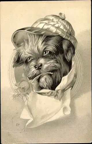 Passepartout Litho Terrier mit einer Mütze und Rose im Maul, Kitsch