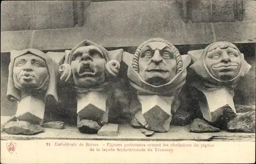 Ak Reims Marne, groteske Figuren am Gemäuer der Kathedrale