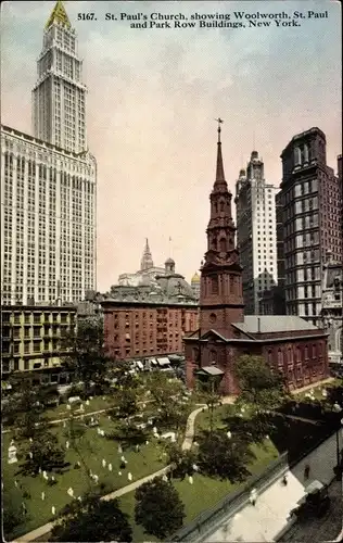 Ak New York City USA, St. Paul's Church, St. Paul and Park Row Buildings