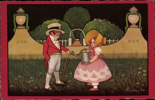 Künstler Ak Colombo, E., Liebespaar, Mädchen mit Gießkanne, Gehstock