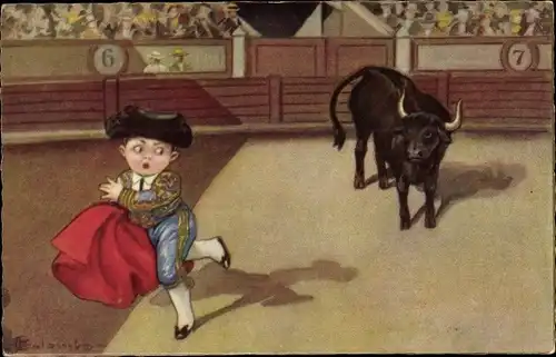 Künstler Ak Colombo, E., Junge flüchtet vor einem Stier, Stierkampf