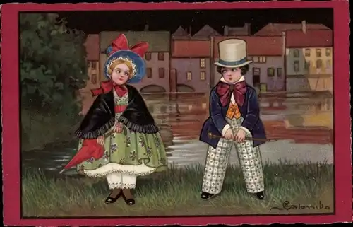 Künstler Ak Colombo, E., Liebespaar, Treffen, Regenschirm, Schüchterner Junge