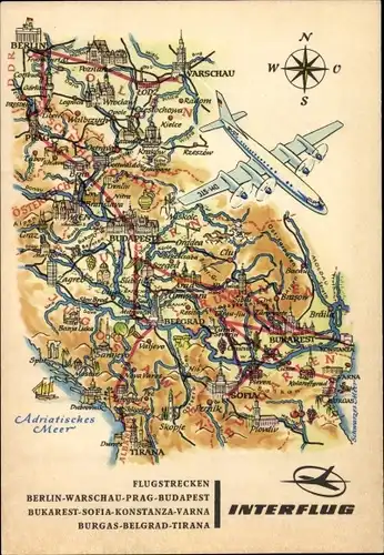 Landkarten Ak Hoppe, Interflug, Flugstrecken, Berlin, Warschau, Prag, Budapest, Bukarest, Sofia