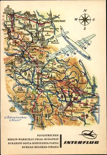 Landkarten Ak Hoppe, Interflug, Flugstrecken, Berlin, Warschau, Prag, Budapest, Bukarest, Sofia
