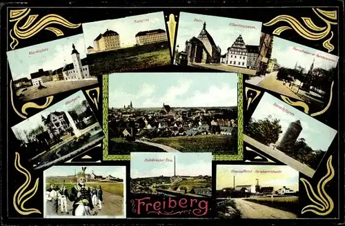 Ak Freiberg in Sachsen, Marktplatz, Kaserne, Dom, Albertmuseum, Albertpark, Donatsturm