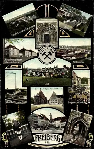 Ak Freiberg in Sachsen, Obermarkt, Infanterie Kaserne, Bergmann, Muldenhütten, Hohe Esse Halsbrücke