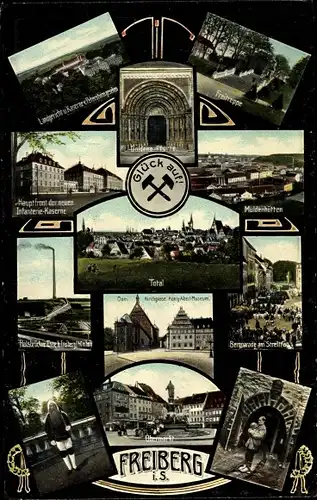 Ak Freiberg in Sachsen, Obermarkt, Infanterie Kaserne, Bergmann, Muldenhütten, Hohe Esse Halsbrücke