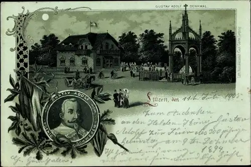 Mondschein Litho Lützen im Burgenlandkreis, Gustav Adolf von Schweden, Denkmal