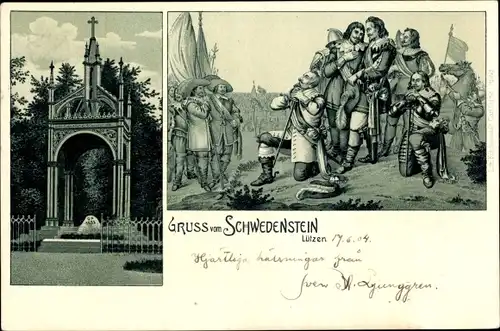Litho Lützen b. Leipzig, Grab am Schwedenstein, Gustav Adolf
