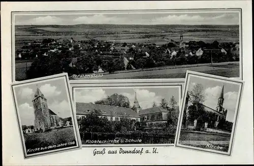 Ak Donndorf Roßleben-Wiehe im Kyffhäuserkreis, Totale, Kirchen, Klosterkirche, Schule