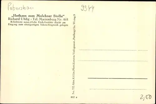 Ak Marienberg im Erzgebirge Sachsen, Huthaus zum Molchner Stolln, Richard Uhlig