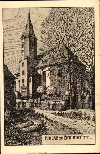 Künstler Ak Freitag, Grünstädtel Schwarzenberg im Erzgebirge, Kirche