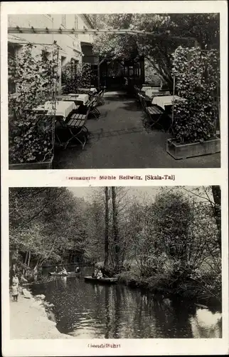 Ak Bellwitz Löbau in Sachsen, Gemauerte Mühle im Skala Tal, Bootspartie, Flussblick