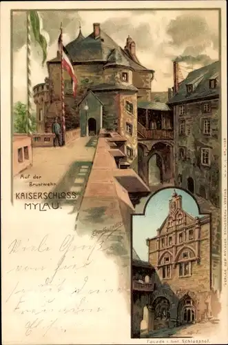 Künstler Litho Spindler, Erwin, Mylau Reichenbach im Vogtland, Auf der Brustwehr, Kaiserschloss