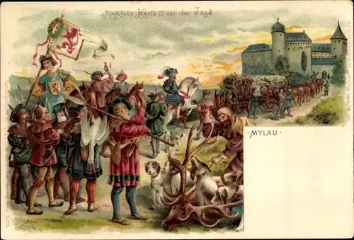 Künstler Litho Langbein, Robert, Mylau im Vogtland, Rückkehr Karl IV von der Jagd