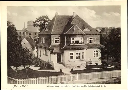 Ak Reichenbach im Vogtland, Karls Eck, Gesamtansicht, Straßenseite