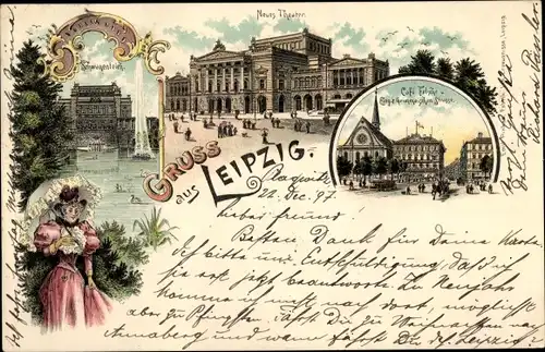 Litho Leipzig in Sachsen, Schwanenteich, Neues Theater, Cafe Felsche, Grimmaische Straße