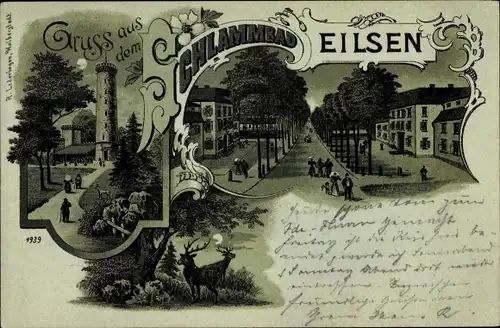 Mondschein Litho Bad Eilsen im Kreis Schaumburg, Schlammbad, Aussichtsturm