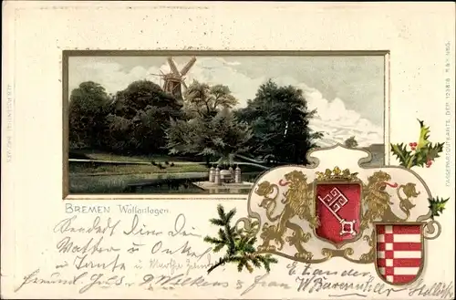 Präge Wappen Litho Hansestadt Bremen, Wallanlagen, Windmühle