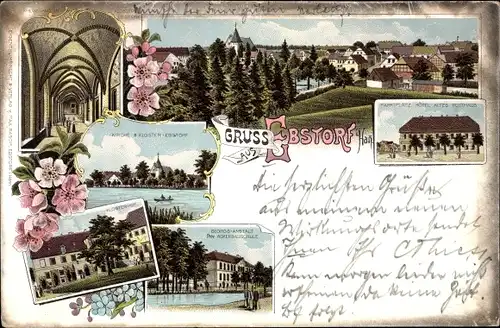 Litho Ebstorf in der Lüneburger Heide, Kirche, Kloster,Marktplatz,Hotel Altes Posthaus,Georgsanstalt