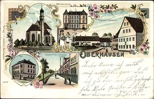Litho Oberhausen Ausburg, Kirche, Mädchenschule, Pfarrhof, Standesamt, Post, Donauwörther Straße