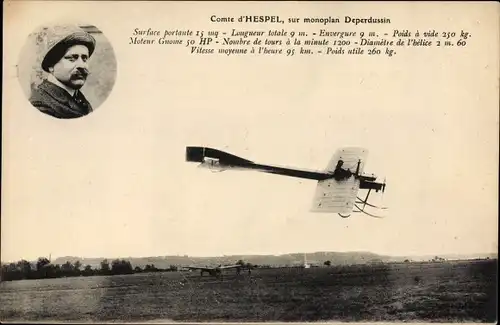 Ak Comte d'Hespel, sur monoplan Deperdussin, Flugpionier