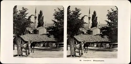 Stereo Foto Sarajevo Bosnien Herzegowina, 1909, Straßenszene