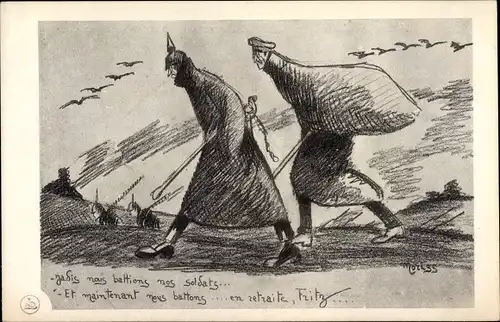 Künstler Ak Moriss, Et maintenant nous battons, en retraite Fritz, Karikatur, Kaiser Wilhelm II.