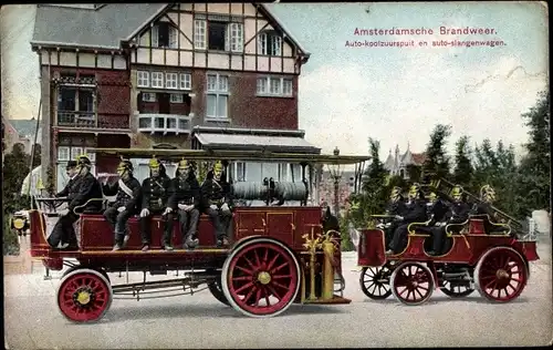 Ak Amsterdam Nordholland Niederlande, Amsterdamsche Brandweer, Auto koolzuurspuit, auto slangenwagen