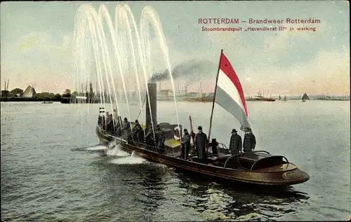 Ak Rotterdam Südholland, Brandweer, Stoombrandspuit Havendienst III in werking, Feuerwehr