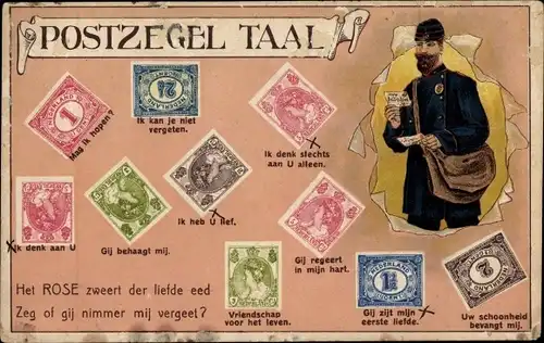Briefmarken Ak Postzegel Taal, Briefmarkensprache, Postbote