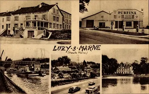Ak Luzy sur Marne Haute Marne, Hotel Beausejour, Station-Service Purfina