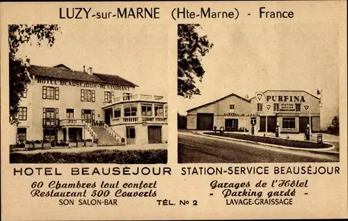 Ak Luzy sur Marne Haute Marne, Hotel Beausejour, Station-Service Beausejour, Purfina Tankstelle