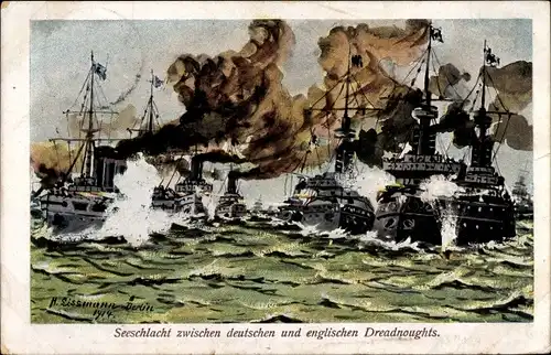 Künstler Ak Lissmann, H., Seeschlacht zwischen deutschen und englischen Dreadnoughts, I. WK