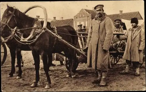 Foto Ak Typy Rosji, Types aus Russland, Fuhrwerk, Russische Soldaten